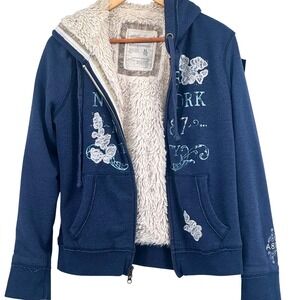 Aeropostale A87 Lace Zip Hoodie Y2K Coquette Sherpa Lined Navy Women XL (Fits M)